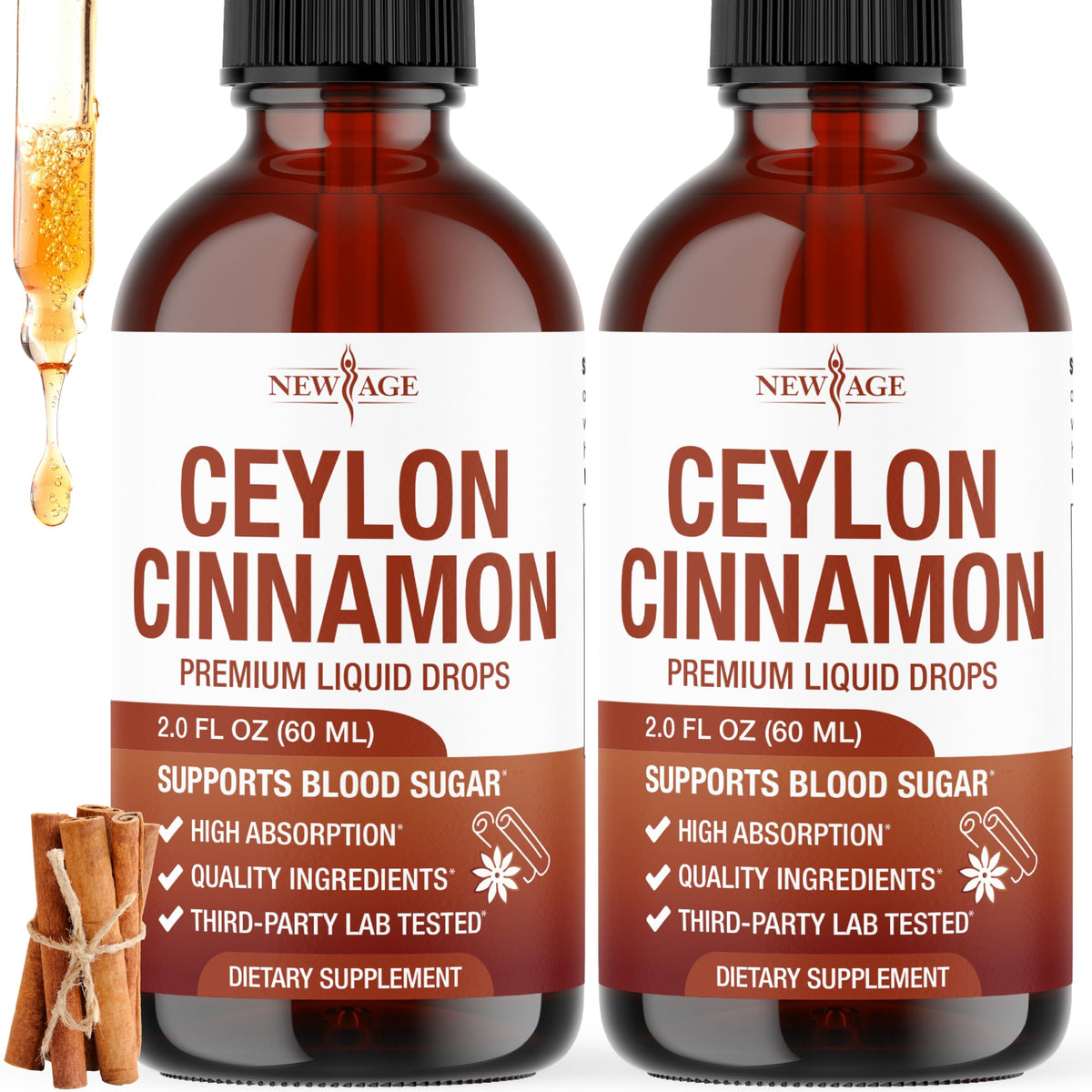 NEW AGE frasco frontal de Ceylon Cinnamon Tincture Drops muestra etiqueta clara y tamaño