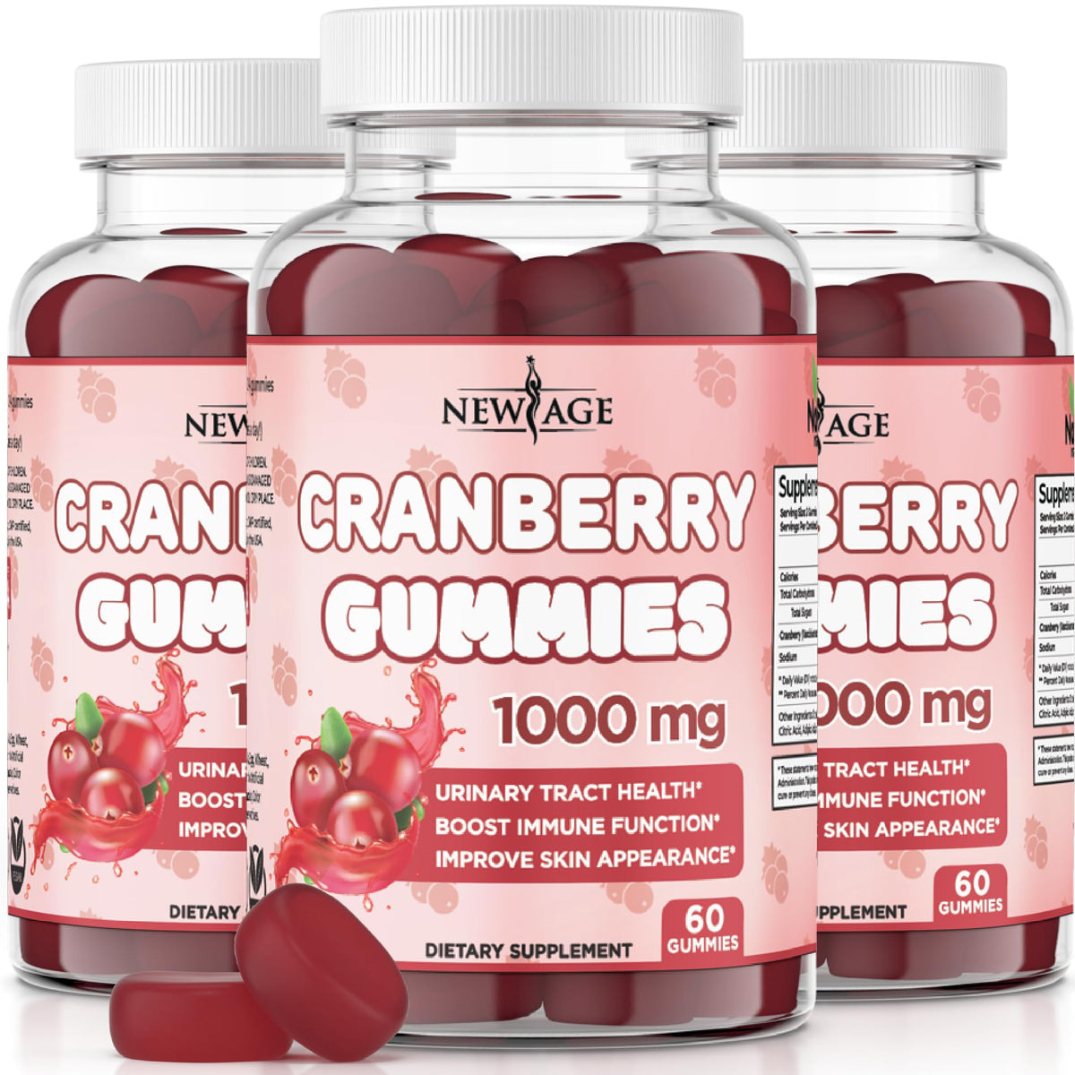 NEW AGE frasco frente mostrando etiqueta y cantidad, confianza de marca