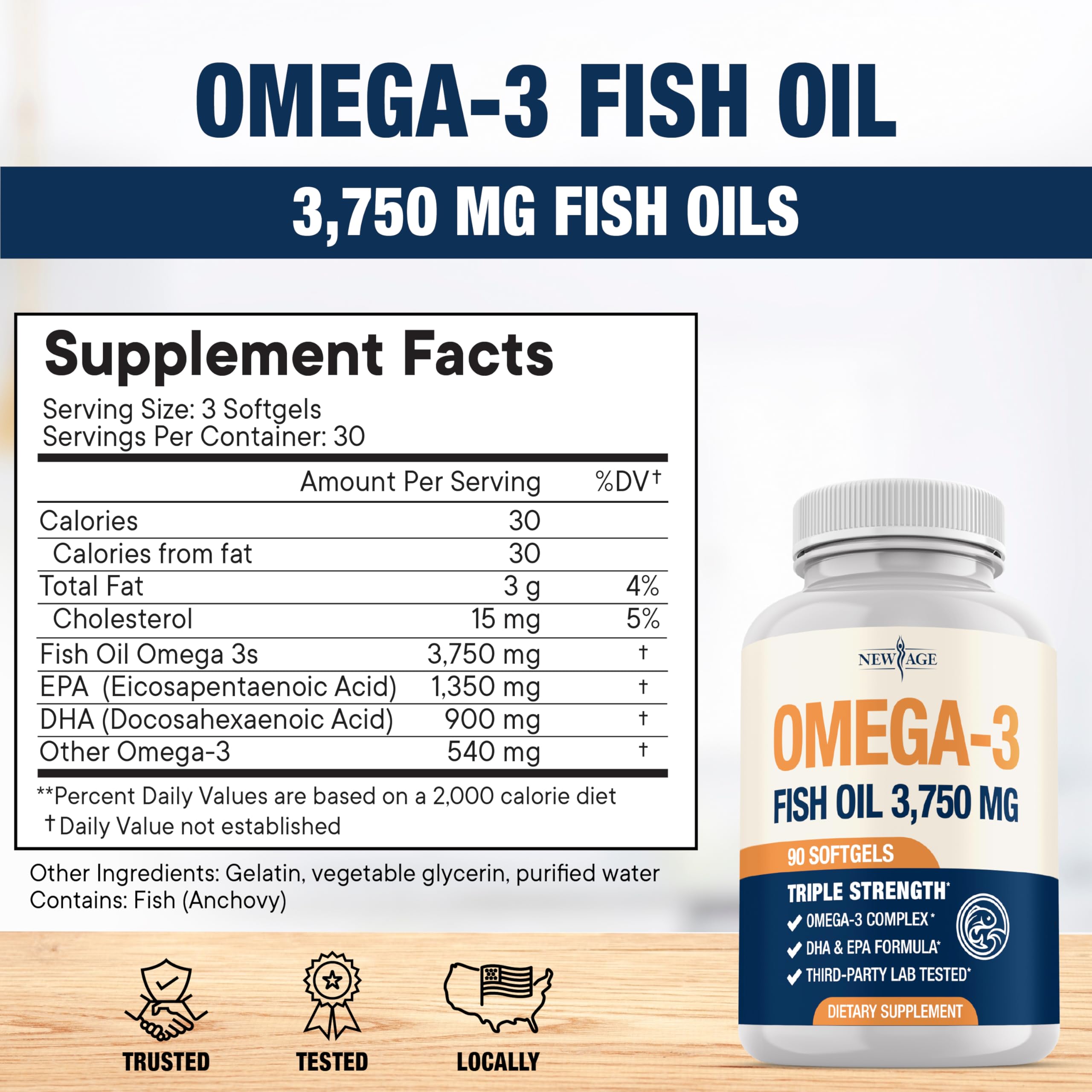 Etiqueta NEW AGE con información nutricional y cantidades de 1350 mg EPA 900 mg DHA