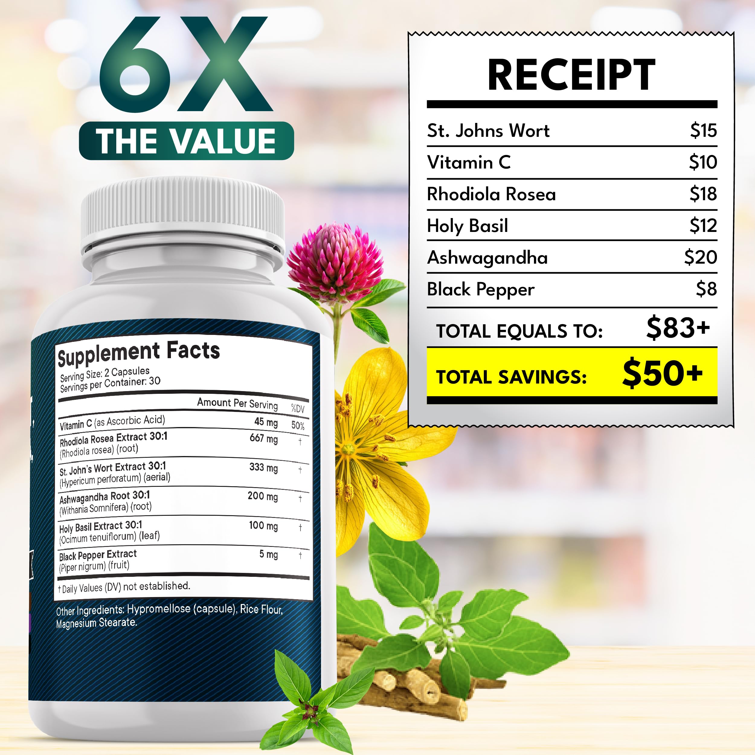 NEW AGE etiqueta de ingredientes destacando mezcla de St. John's Wort y Rhodiola