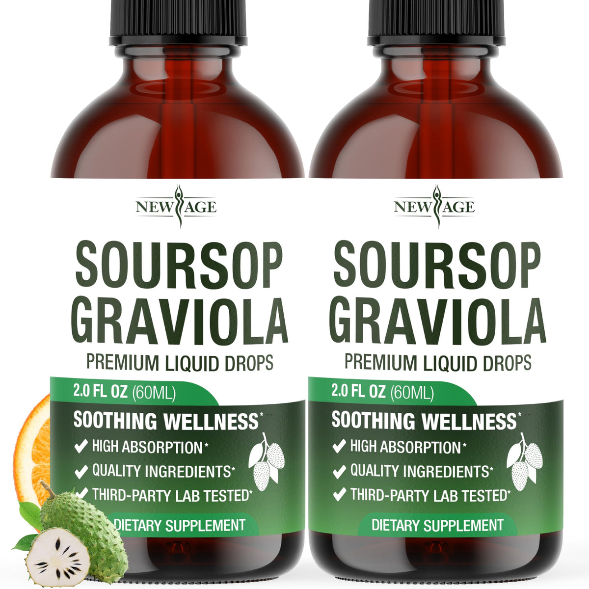 NEW AGE frasco frontal de Soursop Drops mostrando etiqueta clara y beneficio nutricional