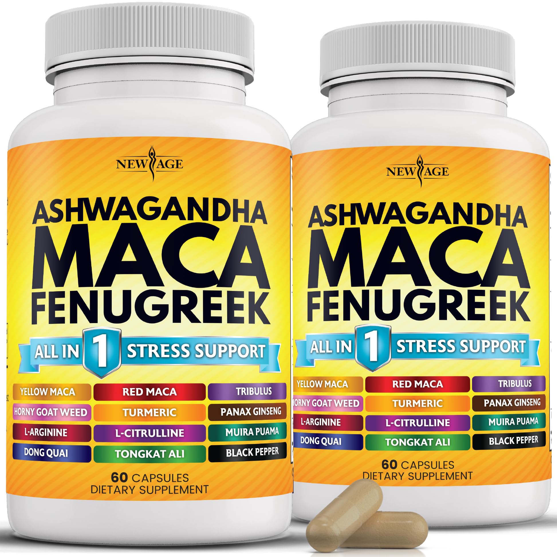 NEW AGE frasco frontal mostrando 120 cápsulas y etiqueta clara para confianza