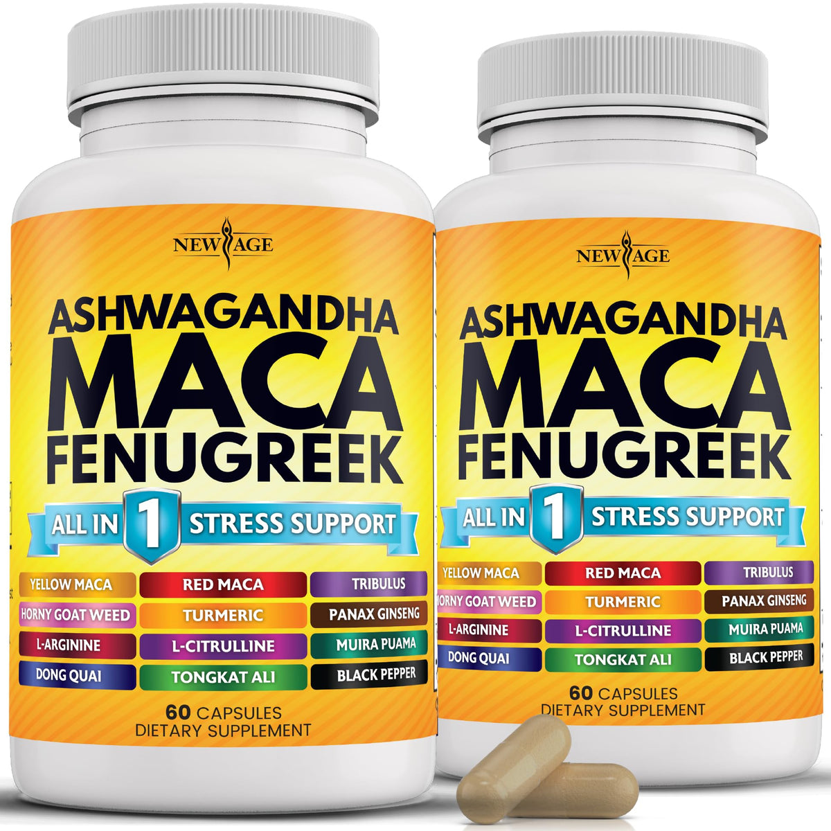 NEW AGE frasco frontal mostrando 120 cápsulas y etiqueta clara para confianza