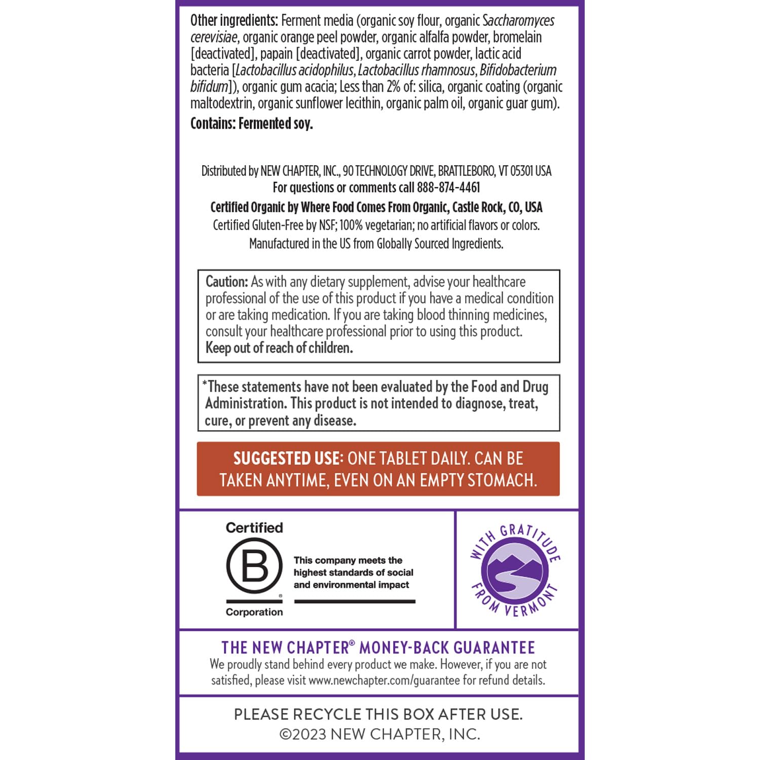 New Chapter etiqueta con certificaciones kosher y Non-GMO para confianza del producto