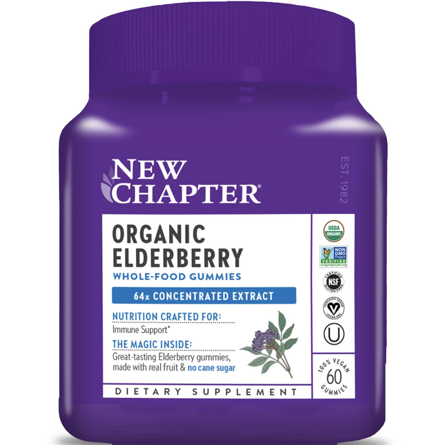 New Chapter envase frontal mostrando gominolas y beneficios orgánicos