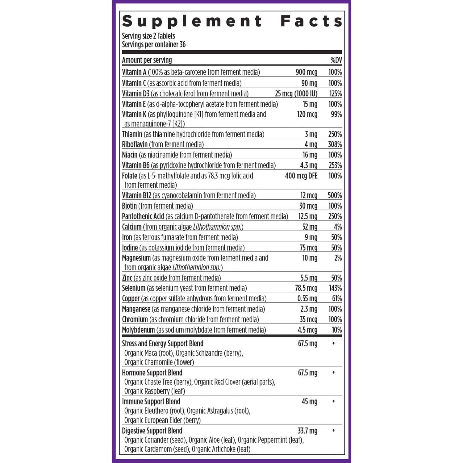 New Chapter etiqueta nutricional con lista completa de nutrientes
