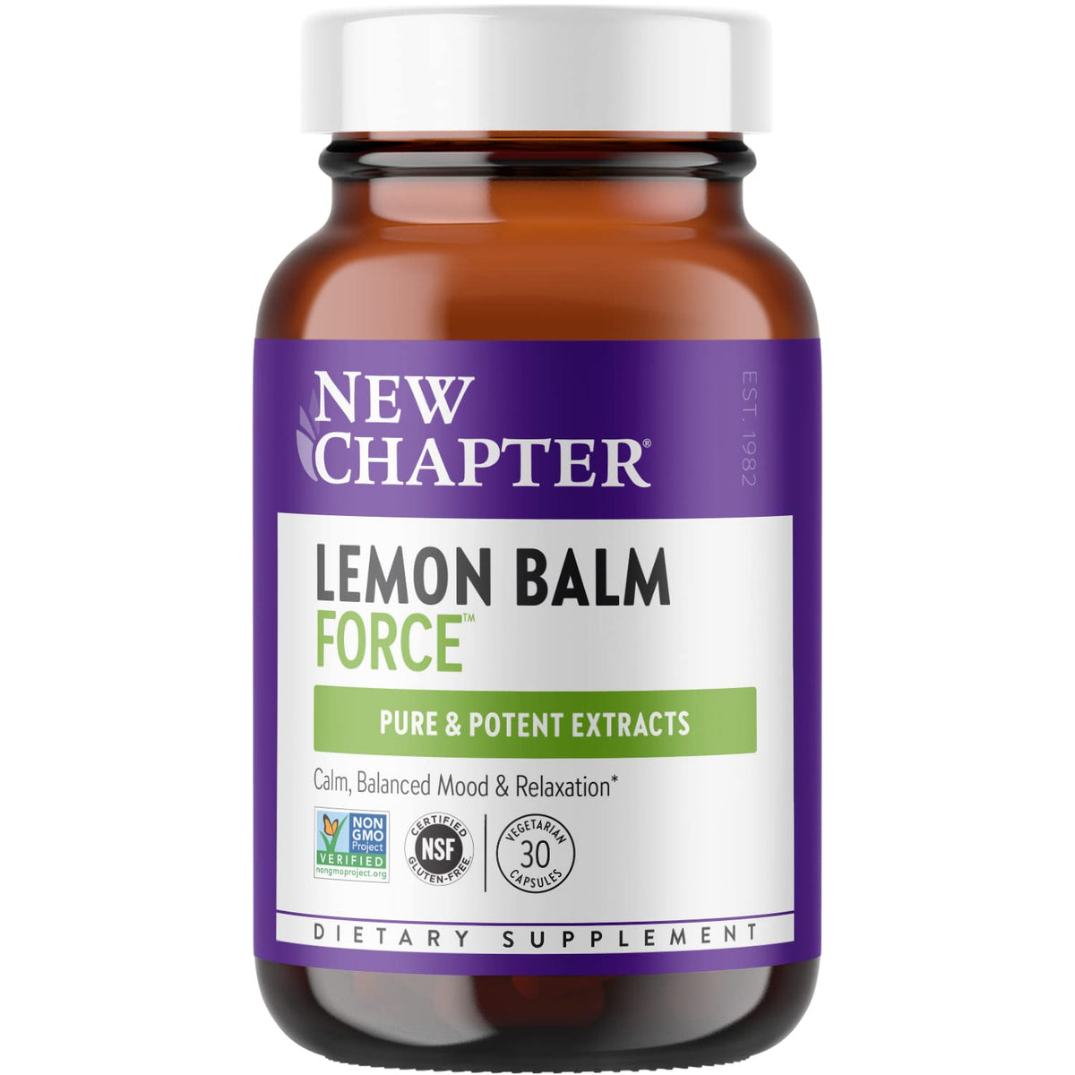 New Chapter frasco delantero mostrando marca y beneficio calmante