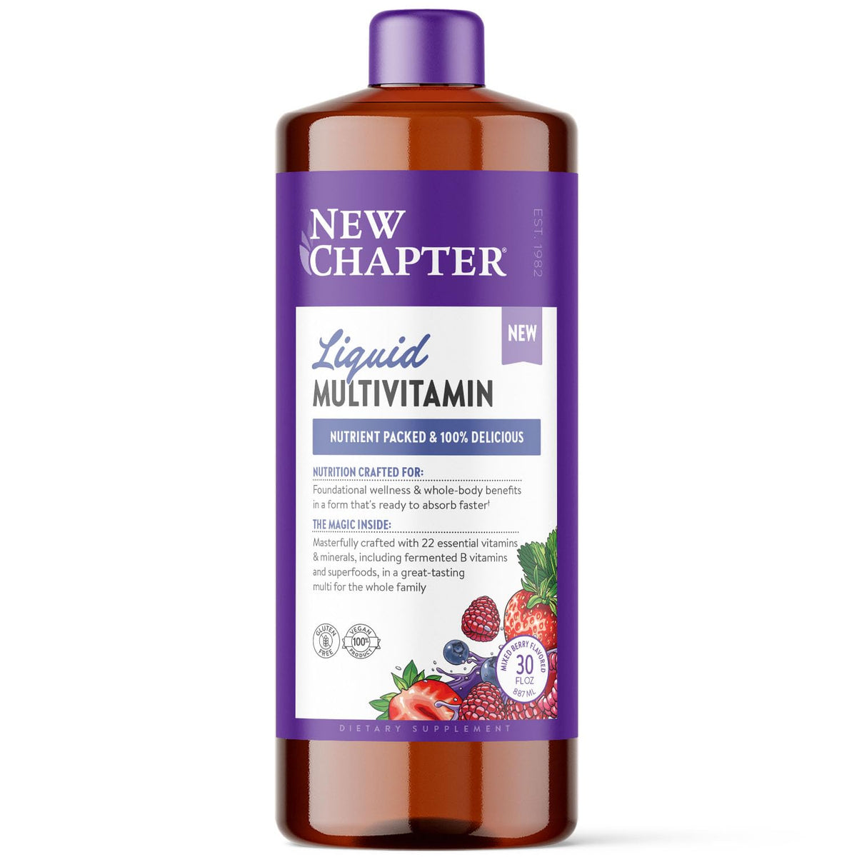New Chapter frasco frontal mostrando etiqueta y beneficio multivitamínico