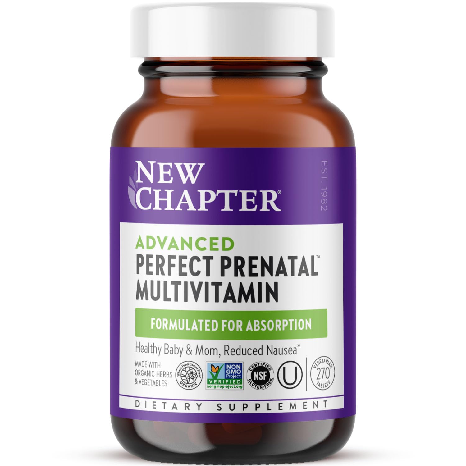 New Chapter empaque frontal del prenatal mostrando la marca y beneficio orgánico