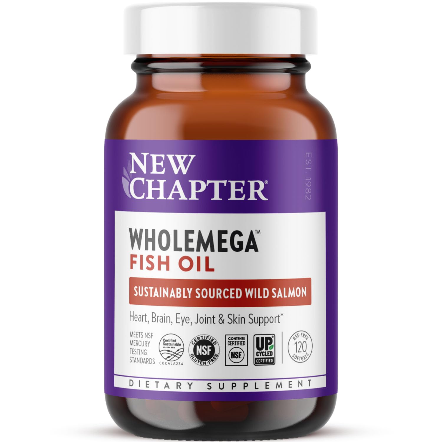 New Chapter botella frontal mostrando información y beneficio de omega-3