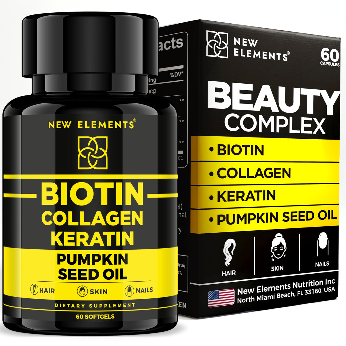 New Elements botella frontal del suplemento mostrando diseño y cantidad de softgels