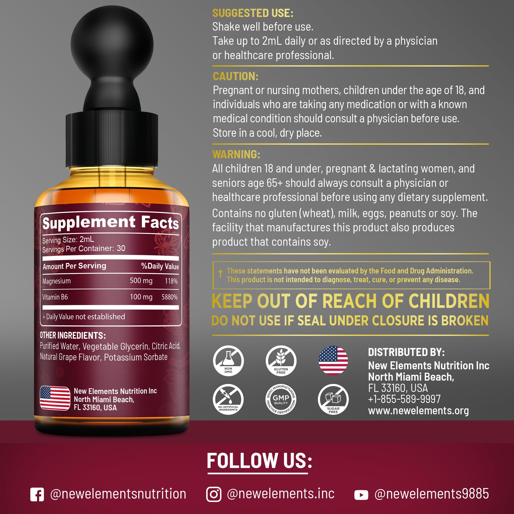 New Elements detalle de la etiqueta con información de 500 mg magnesio y 100 mg vitamina B6
