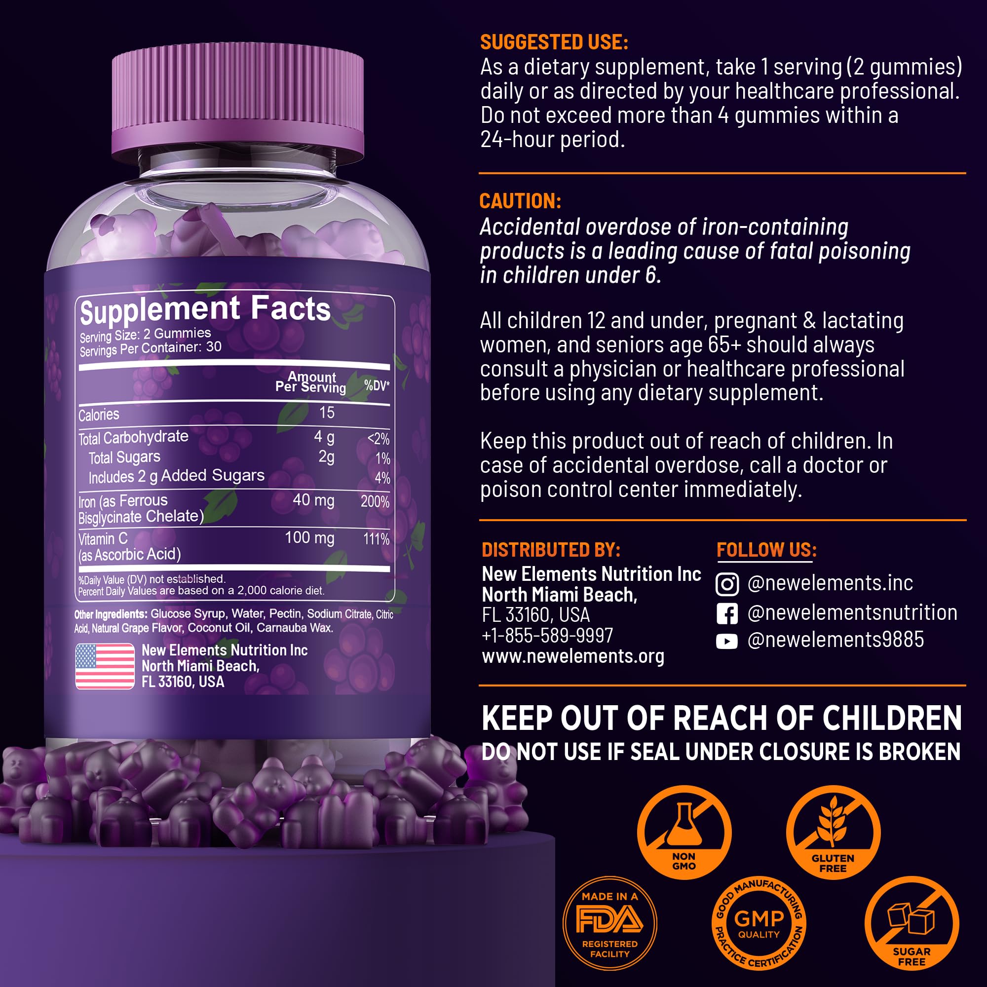New Elements etiqueta con ingredientes clave hierro y vitamina C