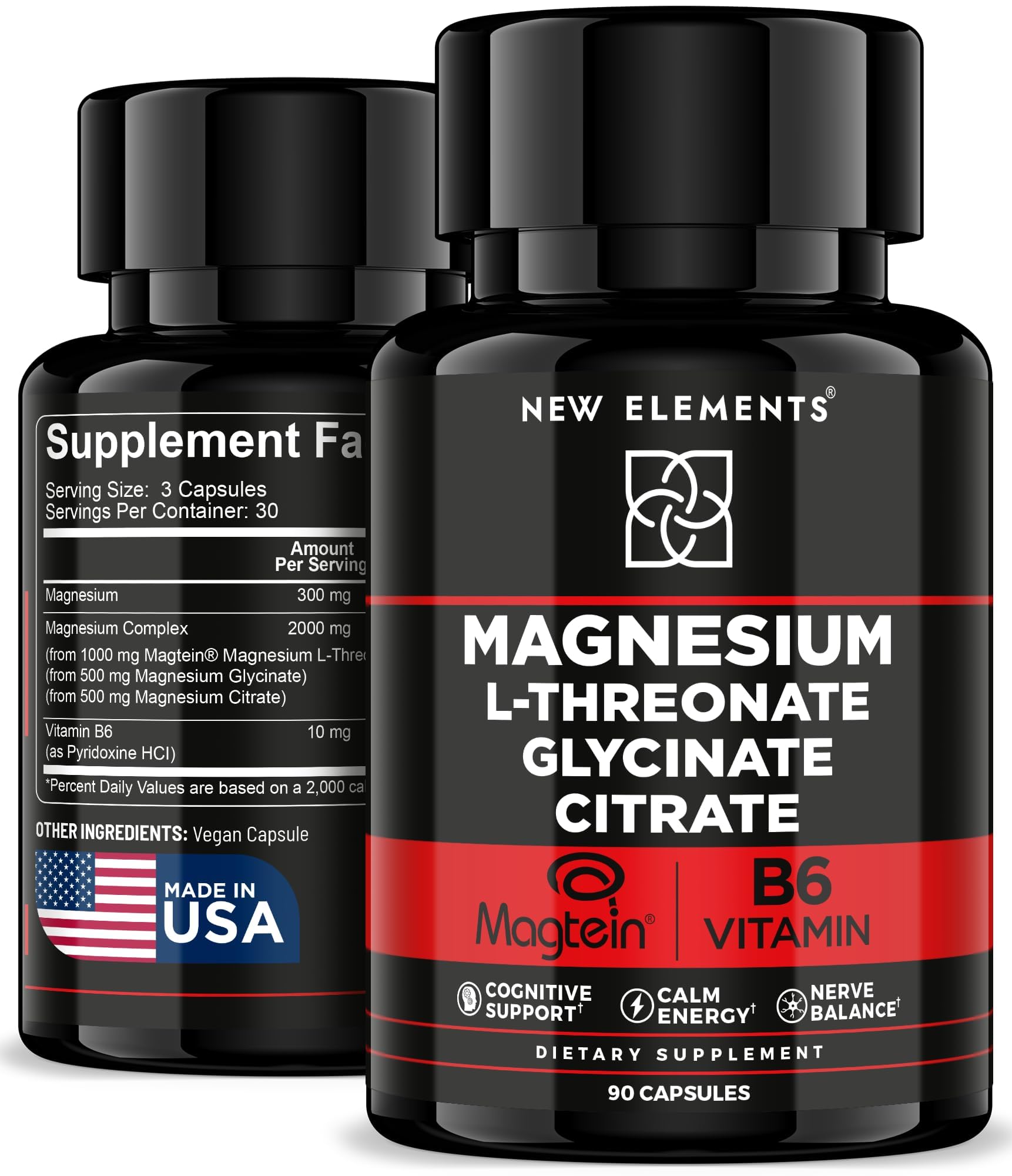 New Elements frasco frontal del suplemento mostrando etiqueta y beneficios