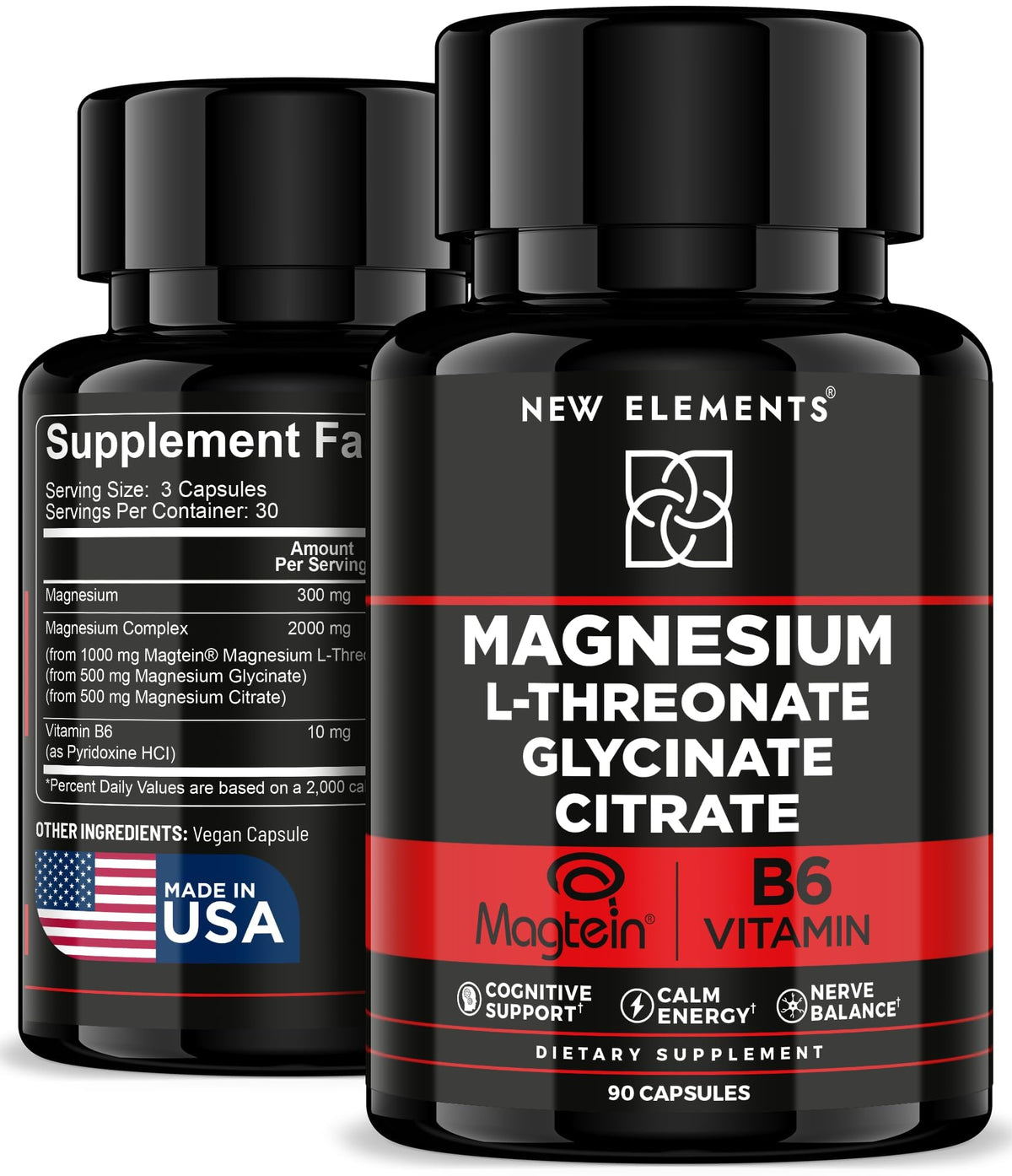 New Elements frasco frontal del suplemento mostrando etiqueta y beneficios
