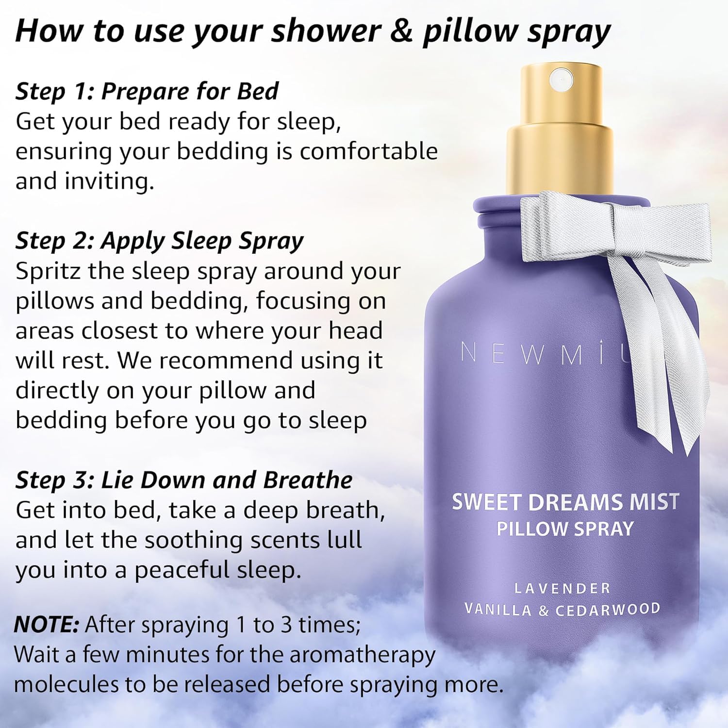 New Miuz spray aplicado sobre almohada ofreciendo aroma reconfortante