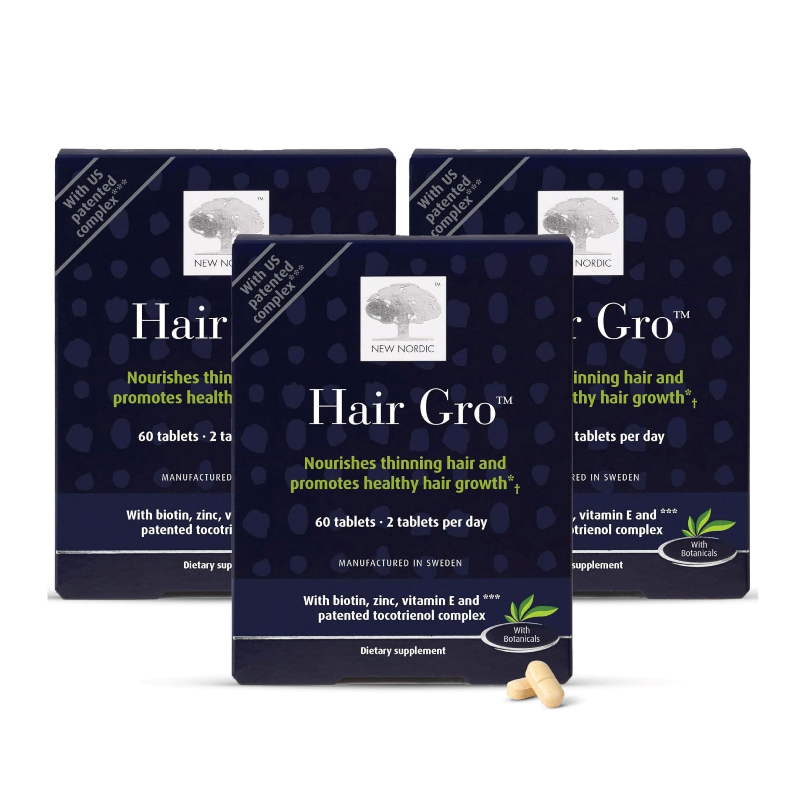 NEW NORDIC caja frontal Hair GRO mostrando etiqueta y cantidad 180 tabletas