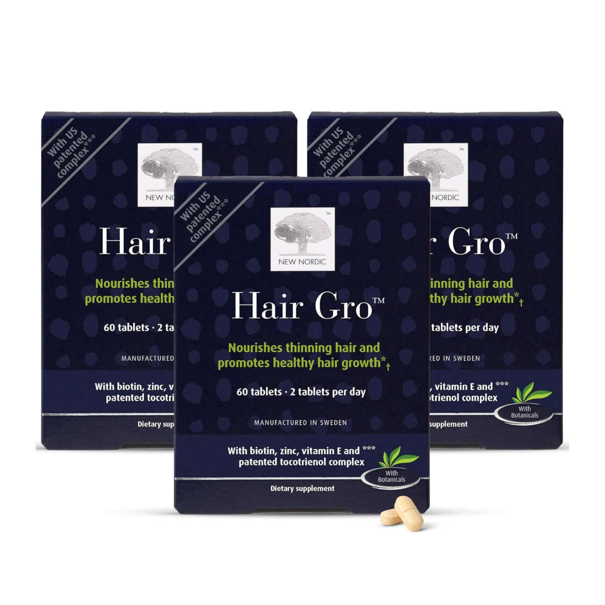 NEW NORDIC caja frontal Hair GRO mostrando etiqueta y cantidad 180 tabletas
