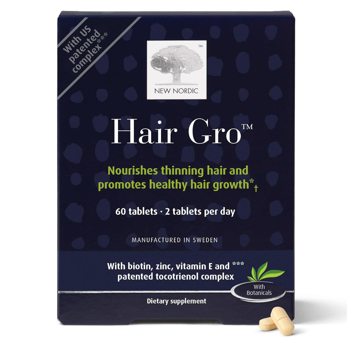 NEW NORDIC envase frontal mostrando Hair GRO y claridad de uso diario