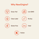 New Origins tamaño del envase comparado con botella para escala