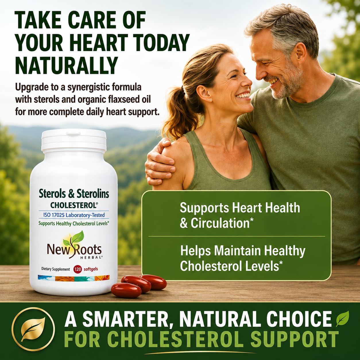 NEW ROOTS HERBAL frasco con 120 softgels dispuesto sobre mesa para suministro mensual
