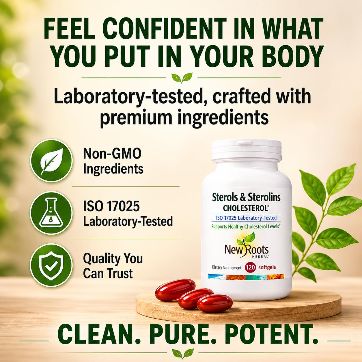 NEW ROOTS HERBAL botella abierta con softgels listos para tomar diariamente