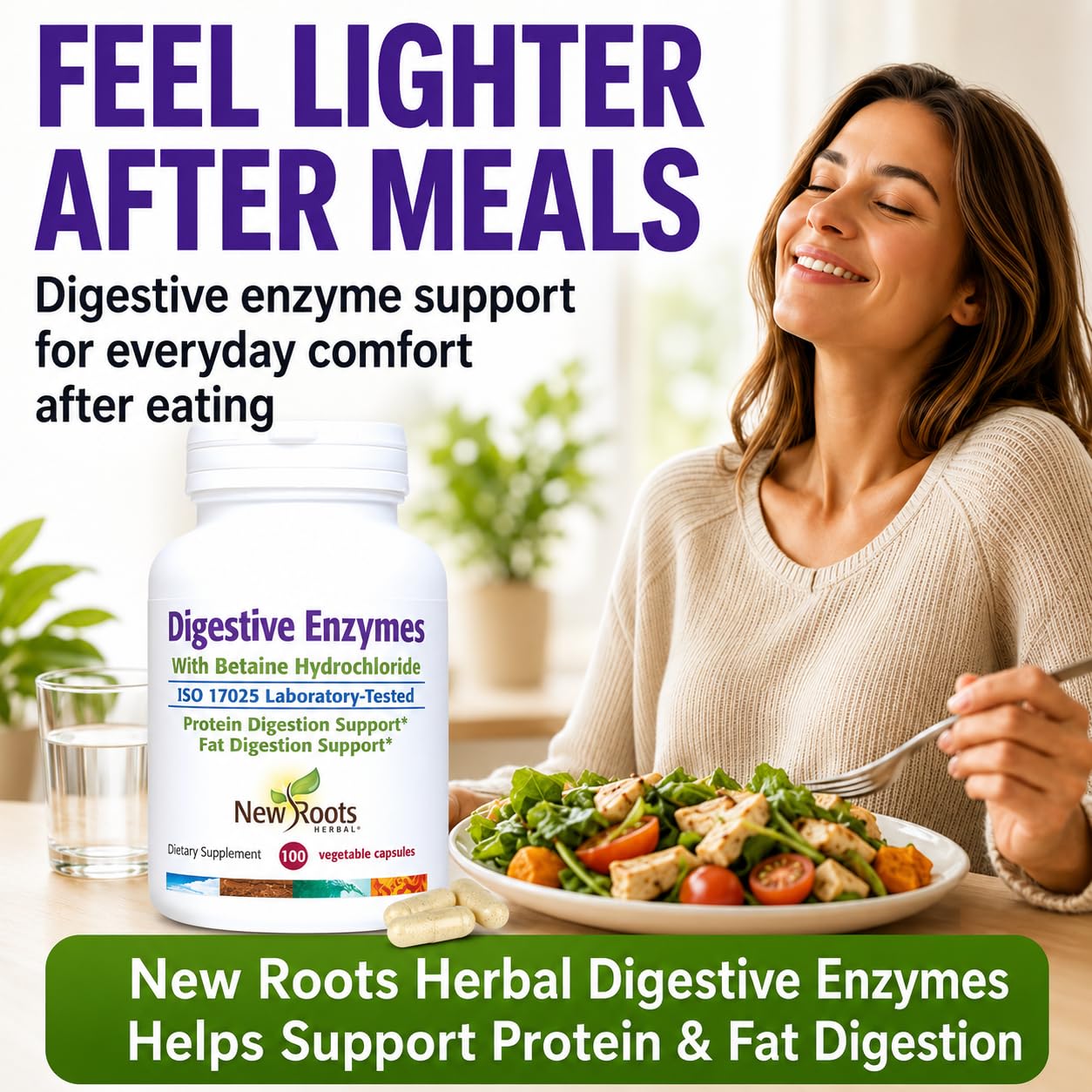NEW ROOTS HERBAL cápsulas abiertas mostrando contenido y beneficios