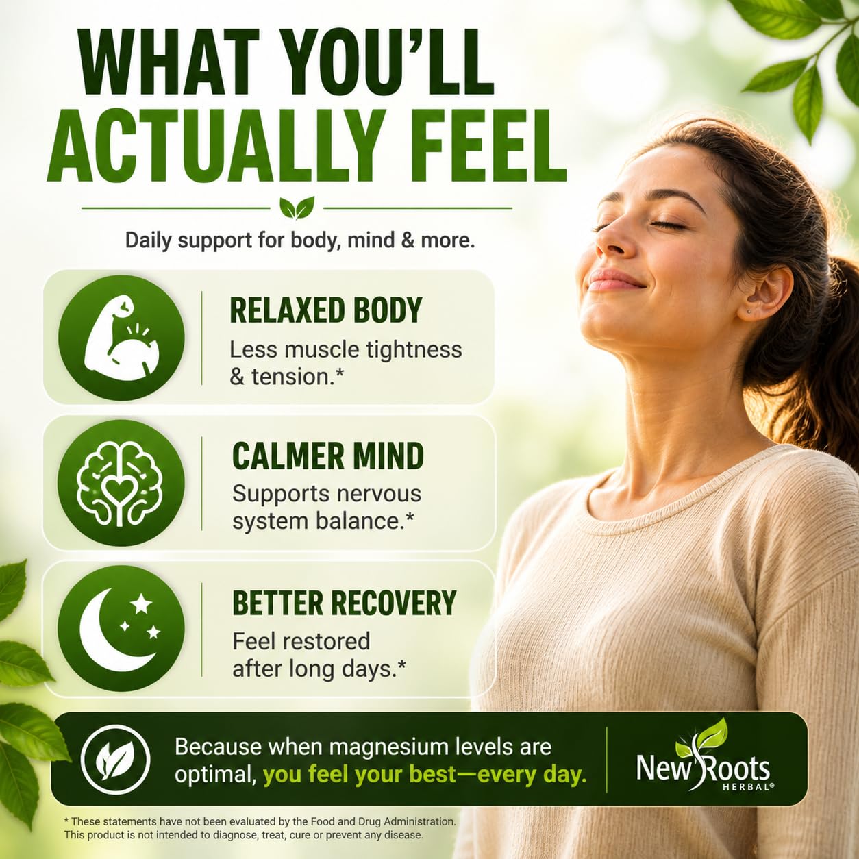 New Roots Herbal cápsulas en mano para mostrar facilidad de ingestión