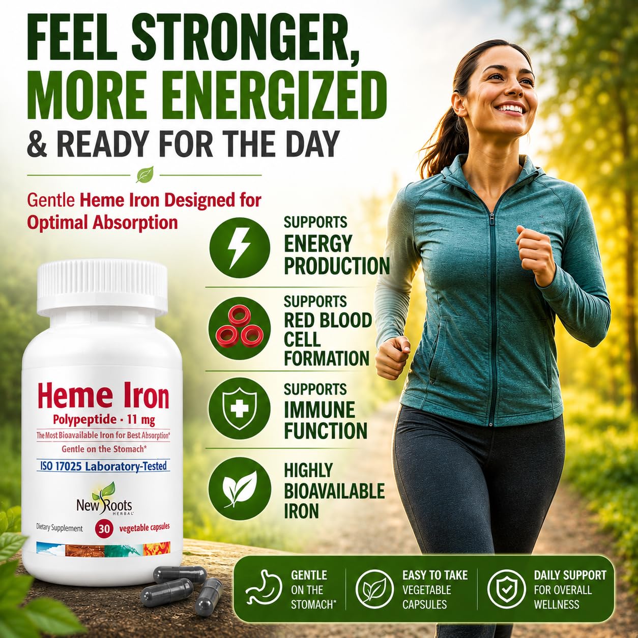 NEW ROOTS HERBAL cápsulas en primer plano resaltando textura y fácil deglución