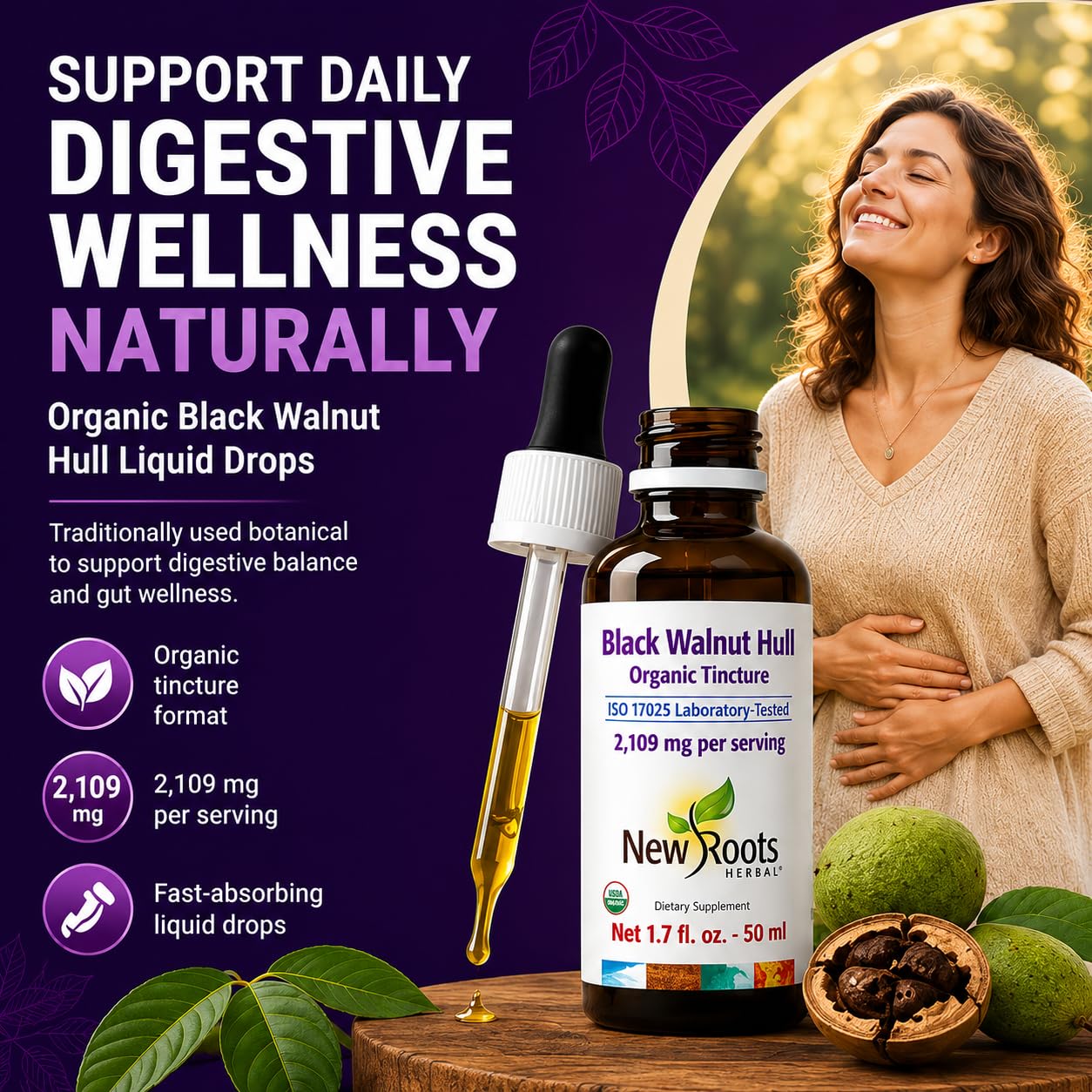 NEW ROOTS HERBAL empaque lateral con instrucciones y advertencias claras