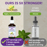 NEW ROOTS HERBAL etiqueta cercana que muestra porcentaje de carvacrol y certificaciones