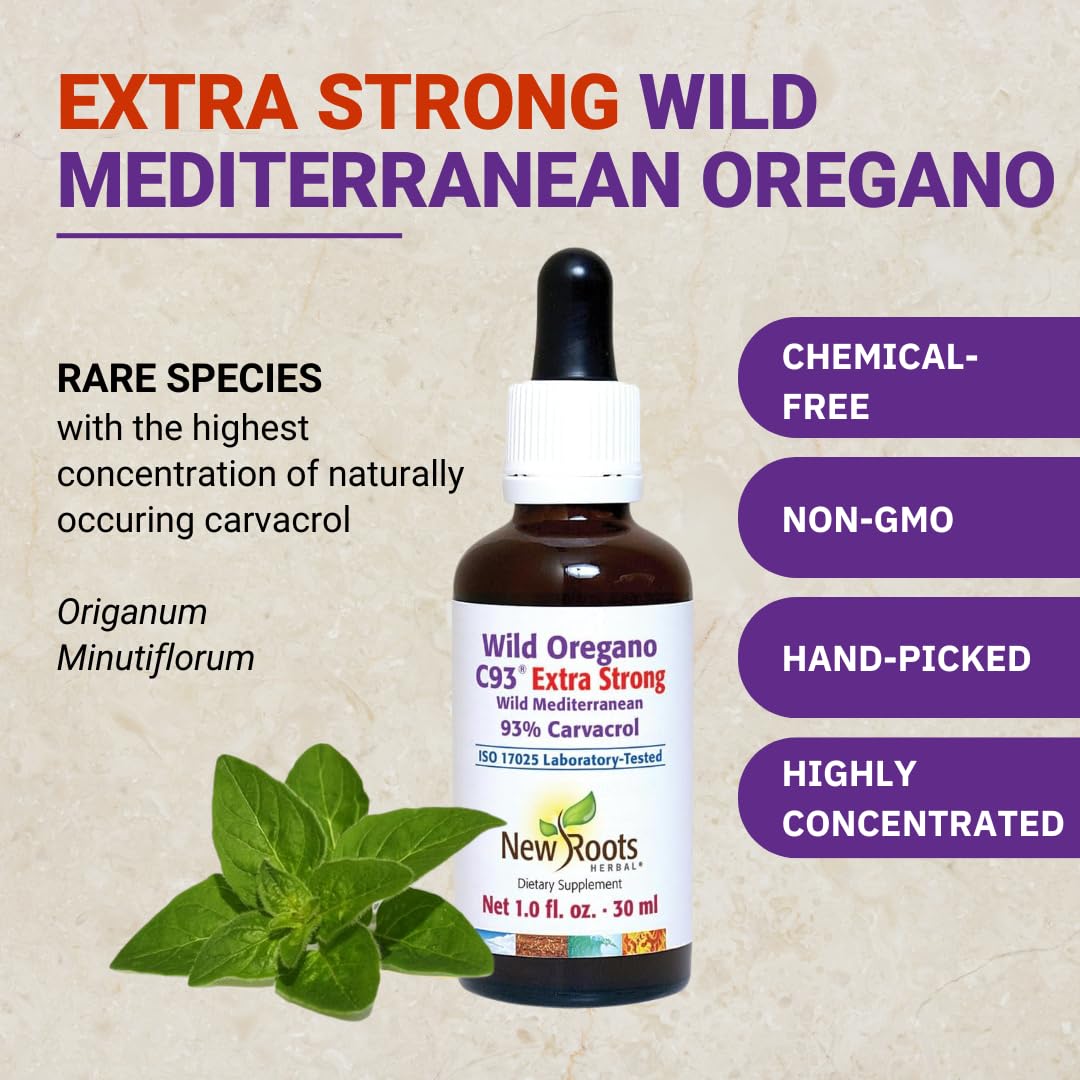 NEW ROOTS HERBAL etiqueta con 93,14% carvacrol y certificaciones visibles