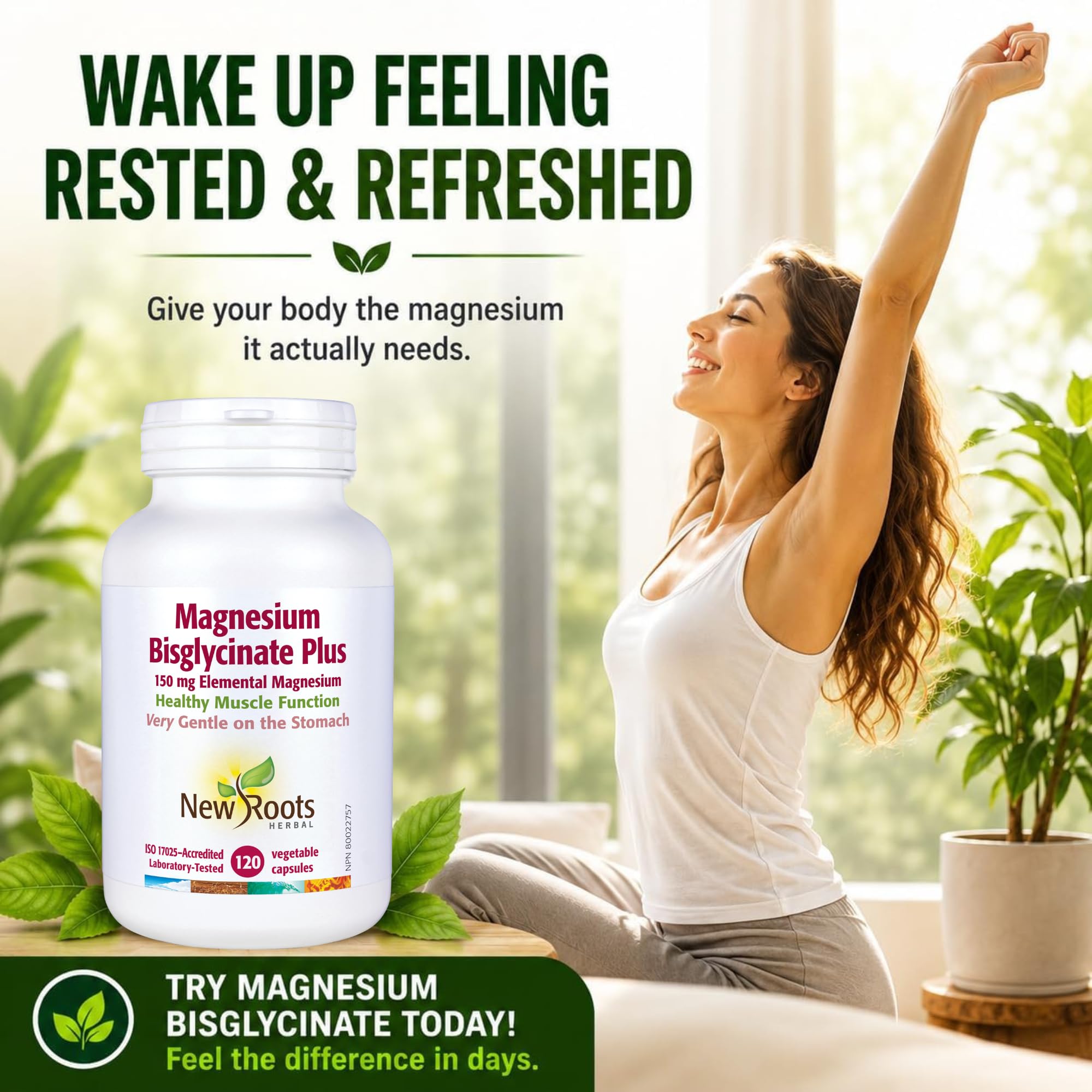 NEW ROOTS HERBAL etiqueta nutricional legible indicando 150 mg magnesio elemental