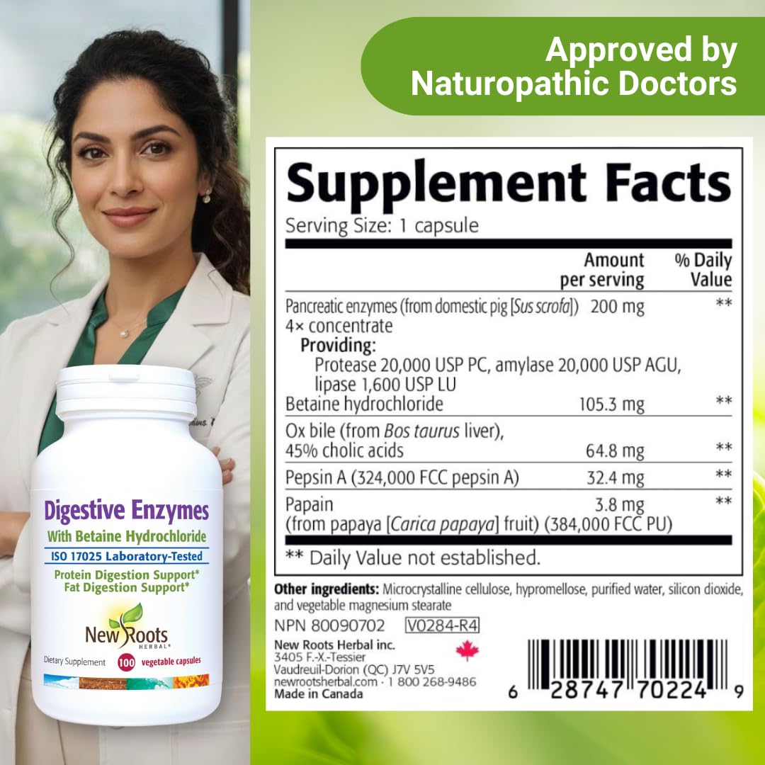 NEW ROOTS HERBAL etiqueta con lista de enzimas y características limpias