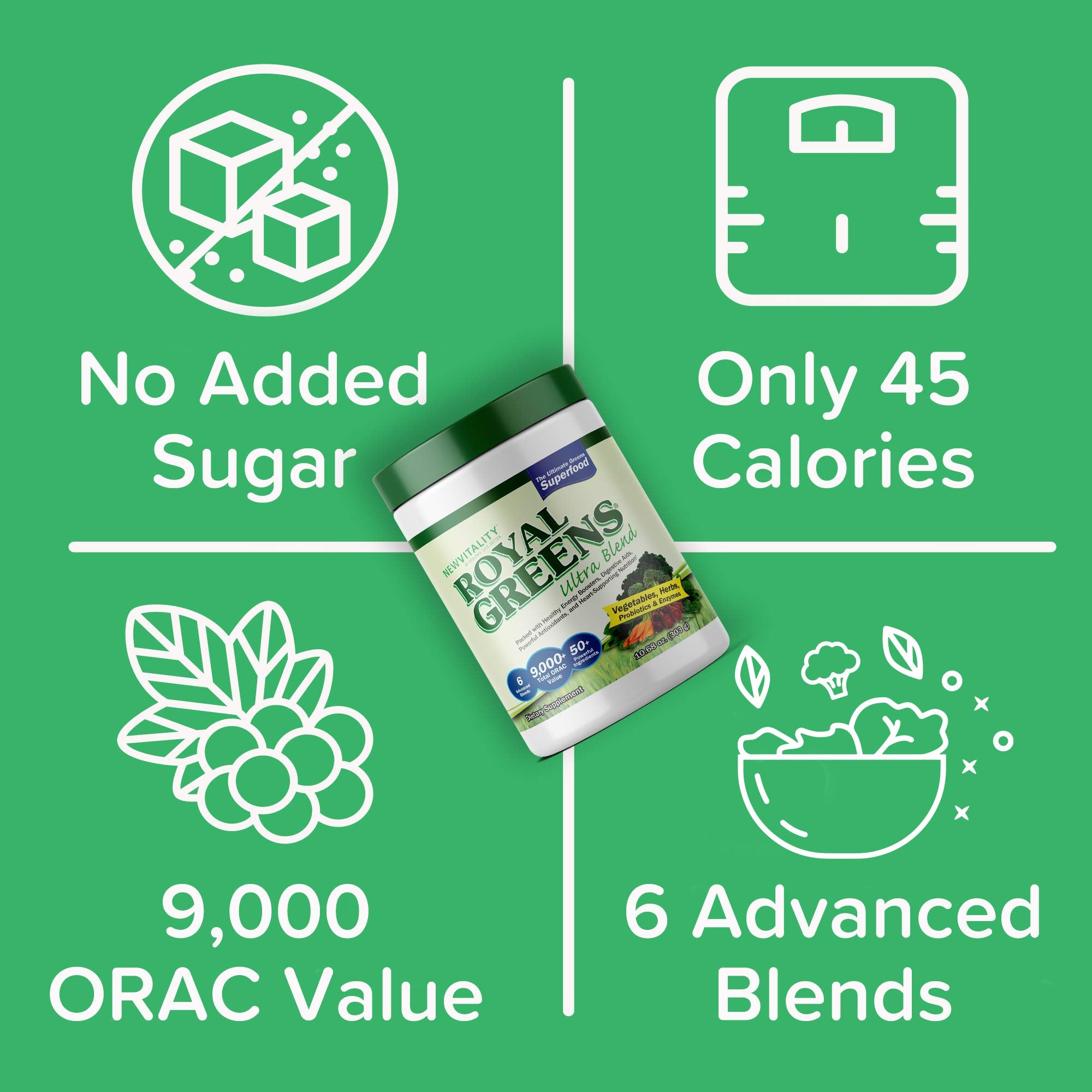 New Vitality vaso con Royal Greens listo para beber y energizar