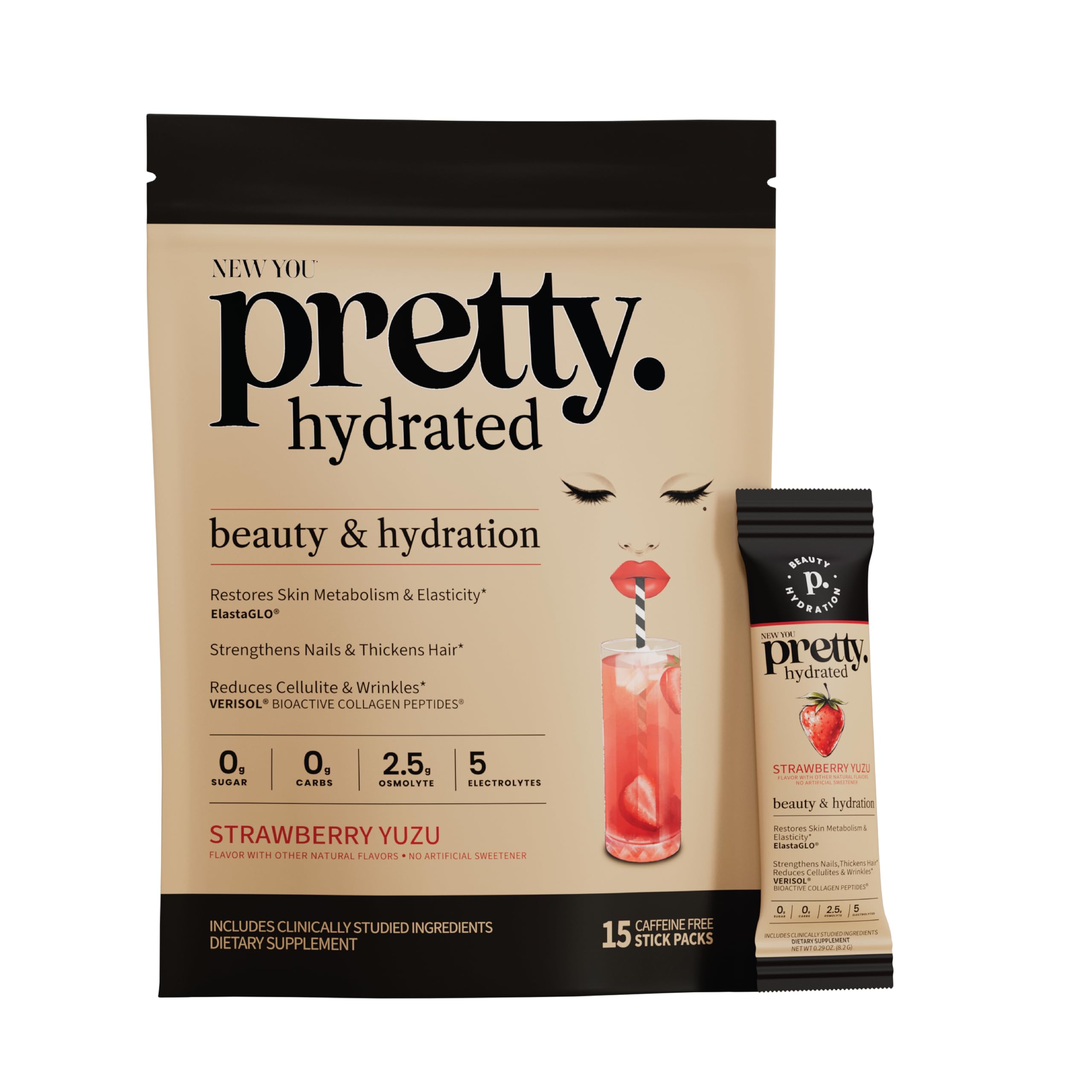 NEW YOU pretty vista frontal del paquete mostrando ingredientes principales y beneficio estético