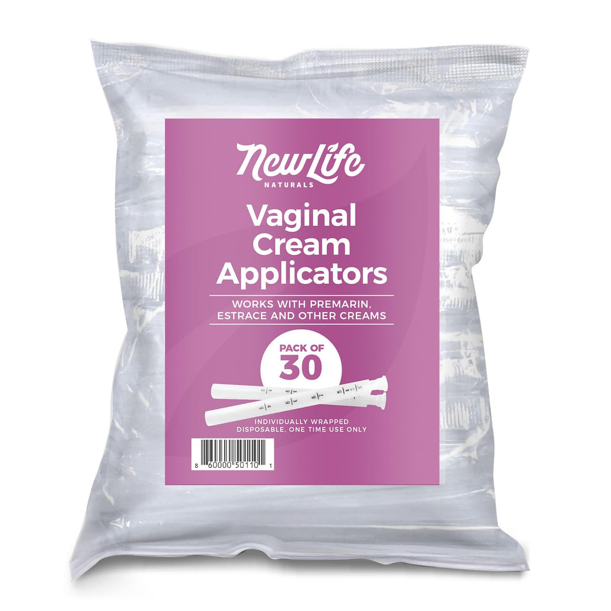 NewLife Naturals vista frontal del paquete de 30 aplicadores, comodidad y cantidad clara