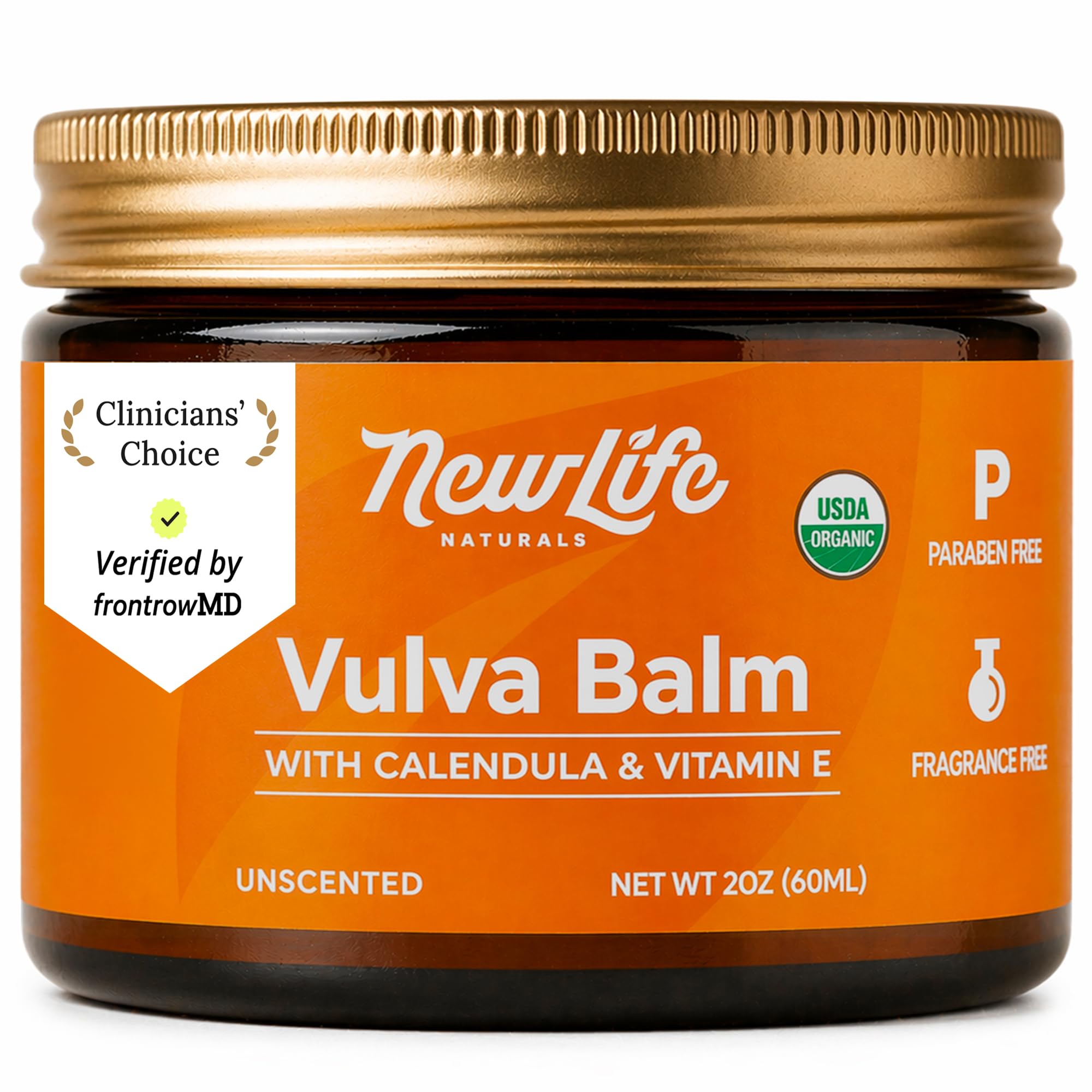 NewLife Naturals tarro frontal del bálsamo vulvar mostrando tamaño y diseño