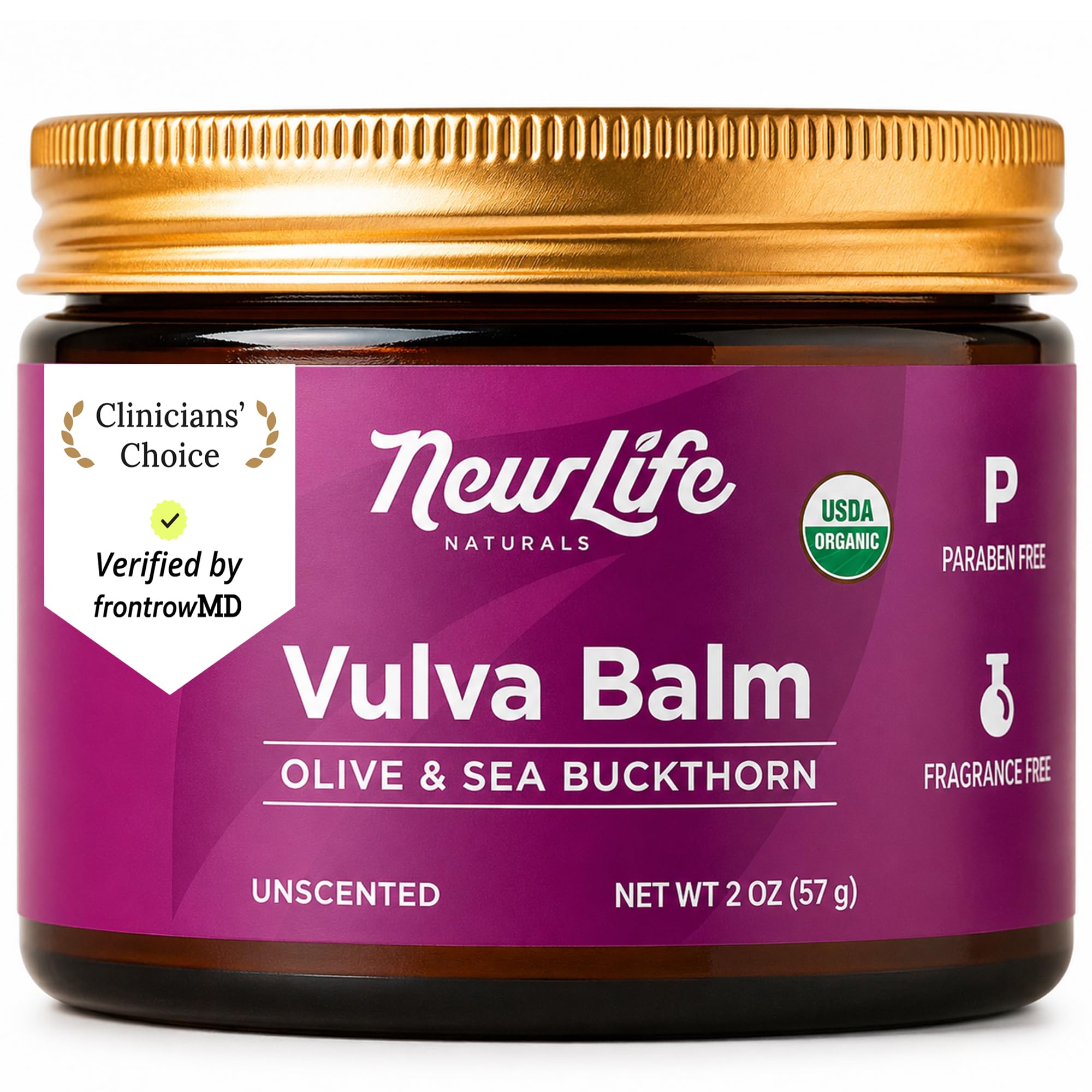 NewLife Naturals envase frontal del bálsamo vulvar mostrando etiqueta clara y orgánica