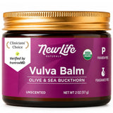 NewLife Naturals envase frontal del bálsamo vulvar mostrando etiqueta clara y orgánica