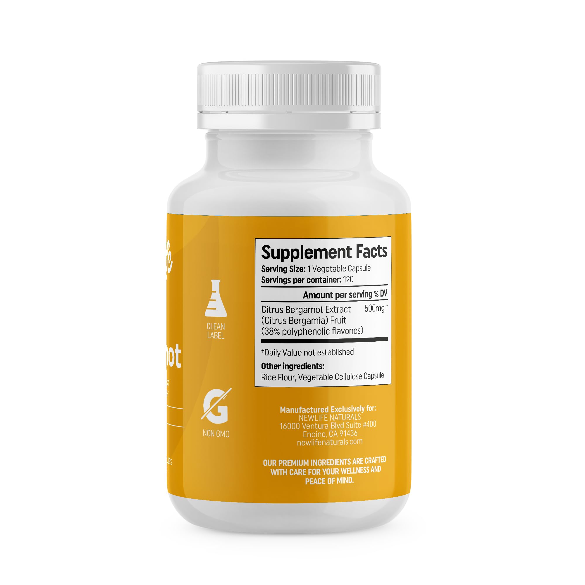 NewLife Naturals detalle de etiqueta con información de 500 mg y vegano
