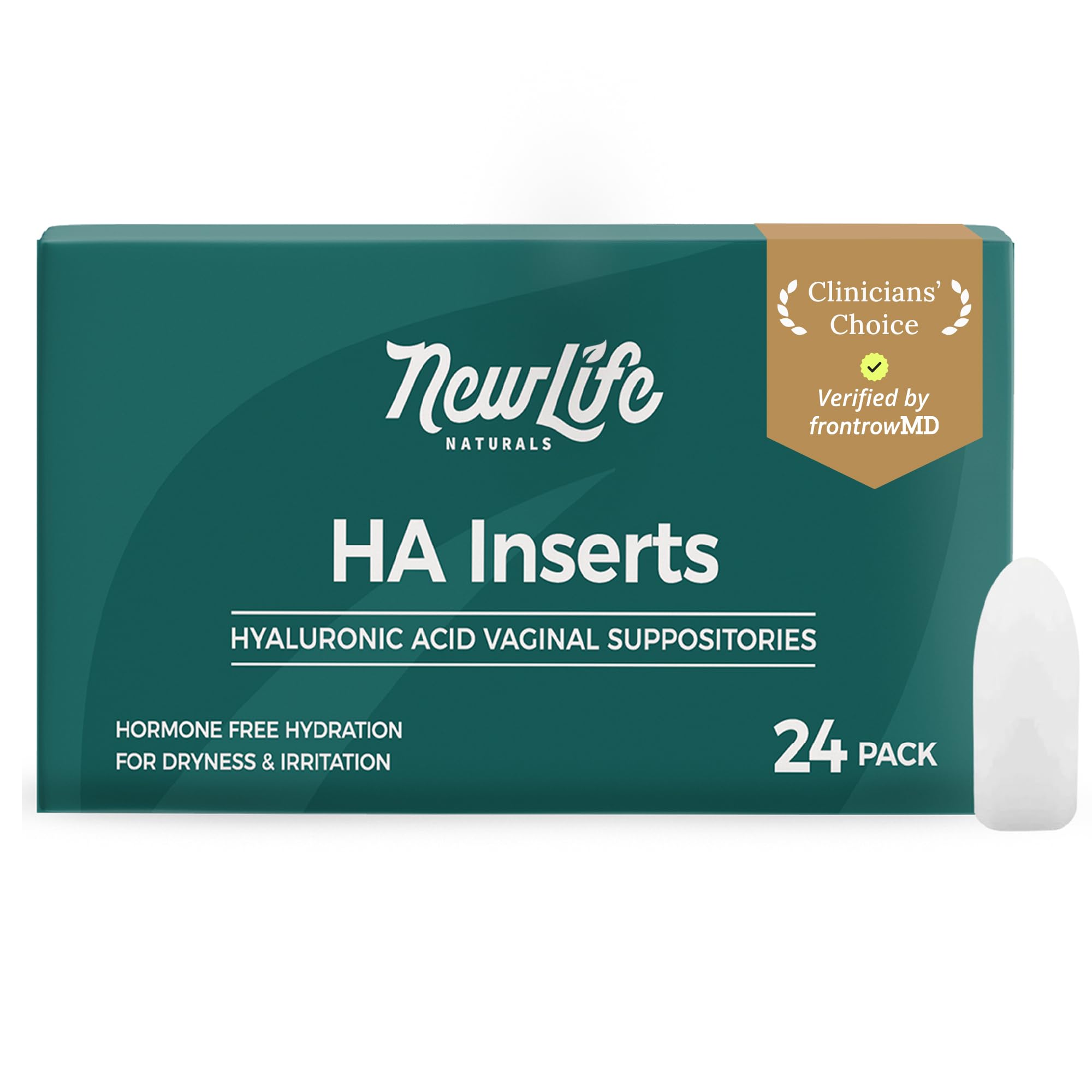 NewLife Naturals empaque frontal mostrando 24 supositorios y beneficios de hidratación