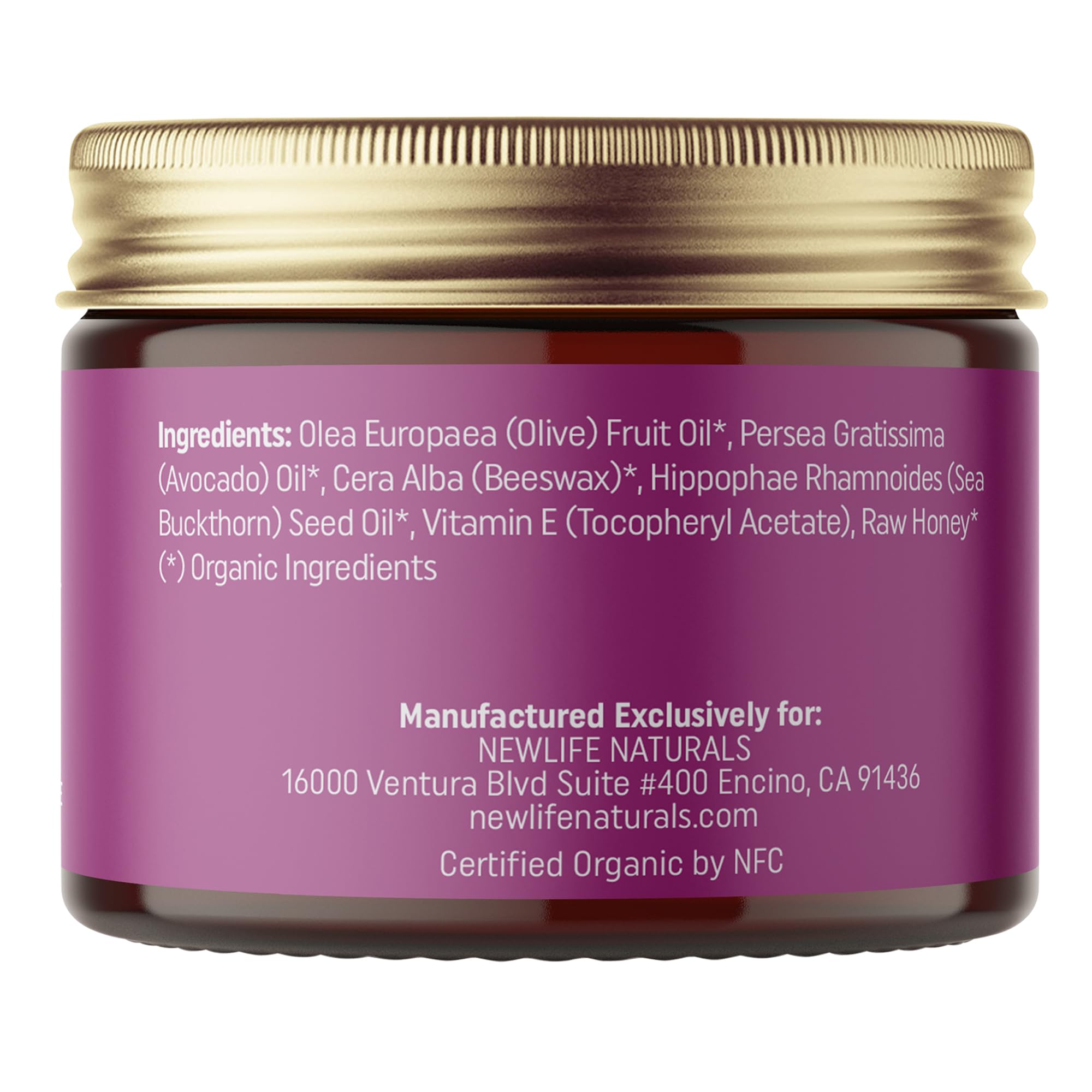 Etiqueta de ingredientes orgánicos en envase NewLife Naturals que resalta transparencia