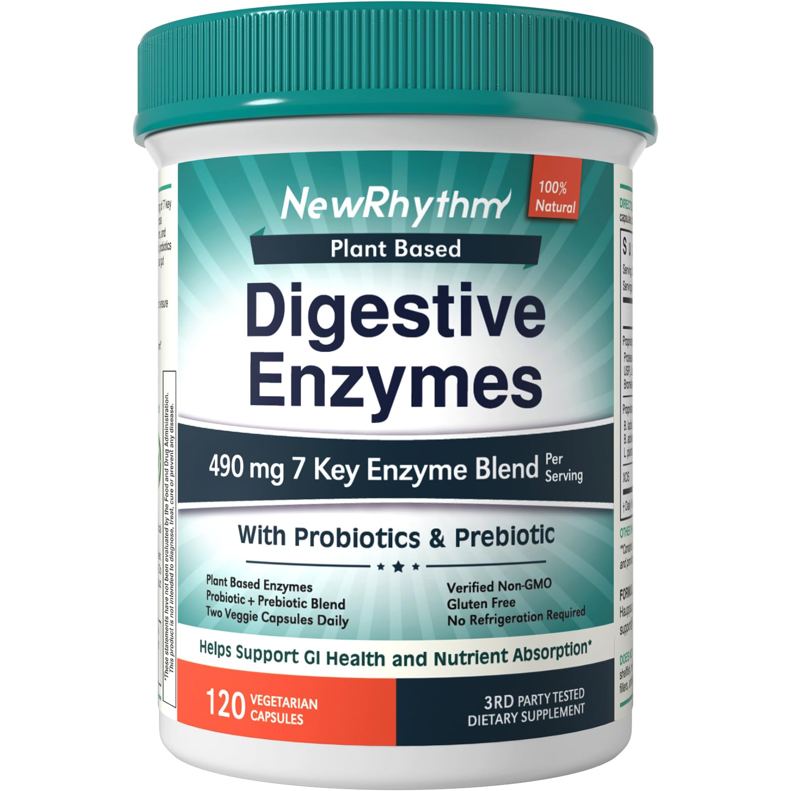 NewRhythm envase frontal mostrando 120 cápsulas y beneficios digestivos