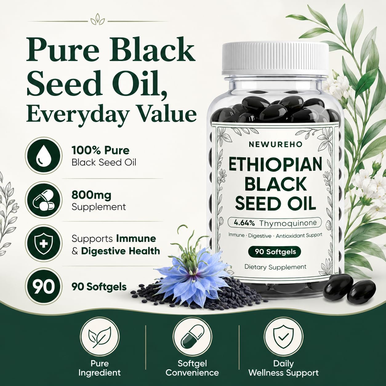 NEWUREHO etiqueta con ingredientes y concentración de timoquinona visible