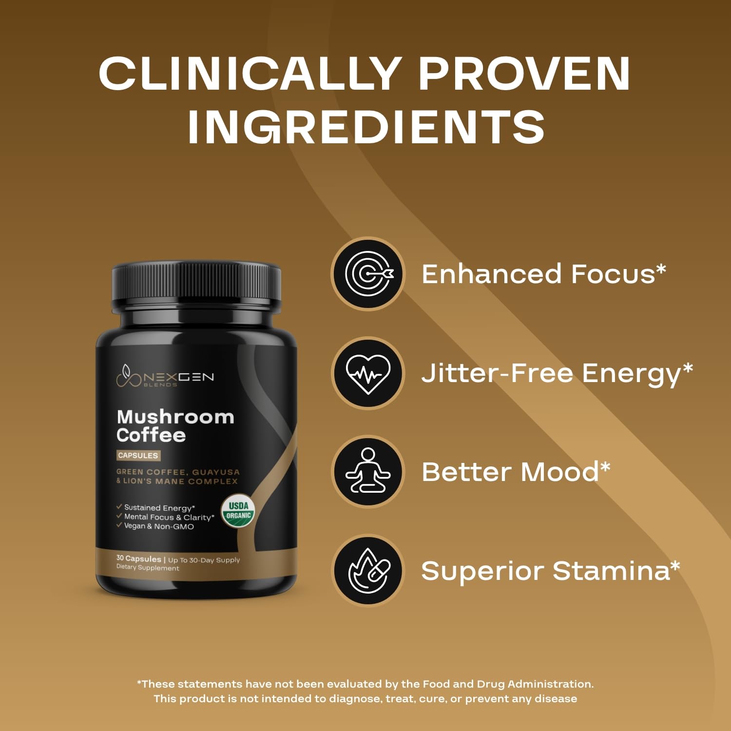 NEXGEN BLENDS ingredientes: hongos y guayusa resaltando origen natural y beneficios