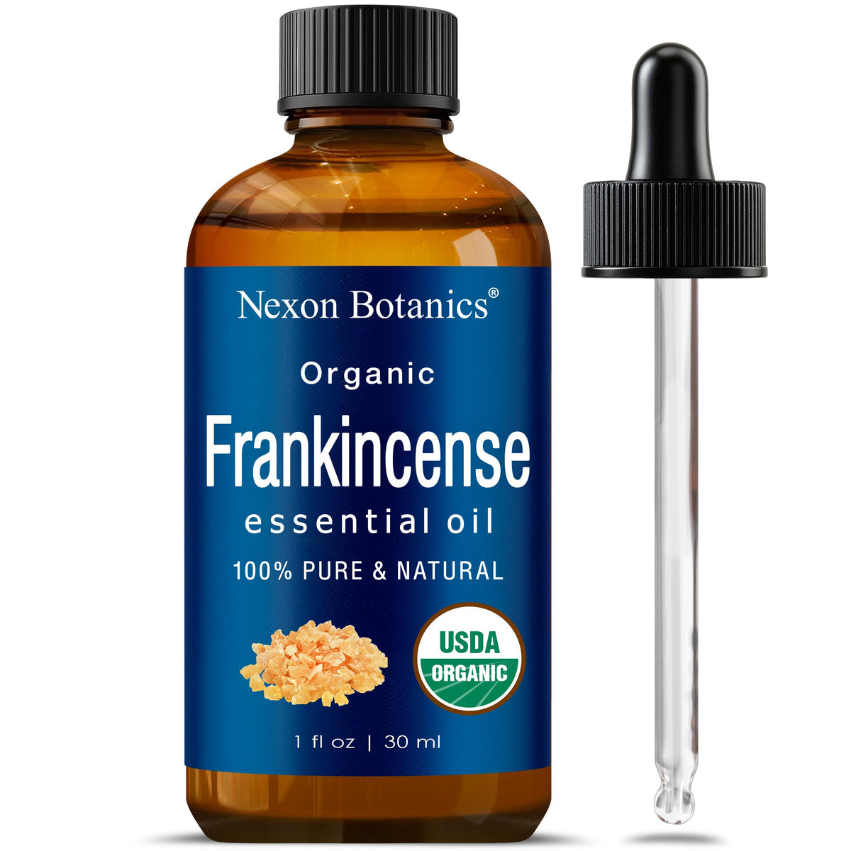 Nexon Botanics frasco frontal de incienso 30 ml mostrando el envase y el sello orgánico