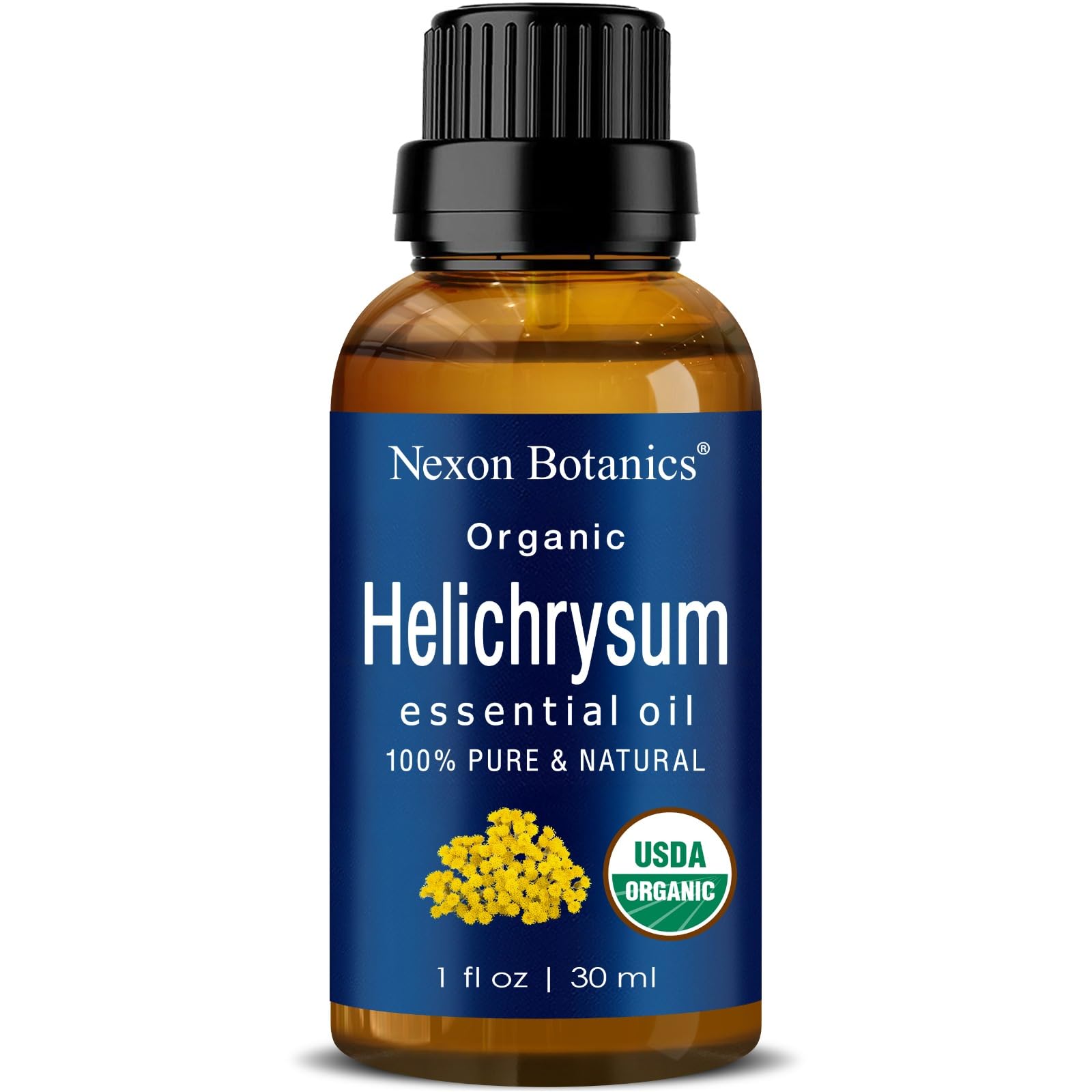 Nexon Botanics frasco frontal de Helichrysum 30 ml mostrando etiqueta orgánica y beneficios