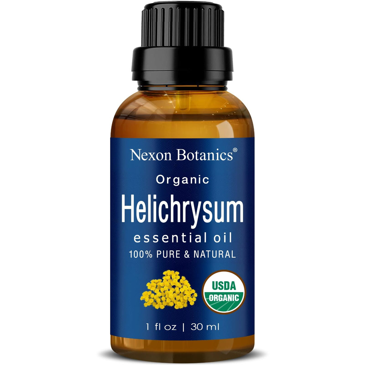 Nexon Botanics frasco frontal de Helichrysum 30 ml mostrando etiqueta orgánica y beneficios