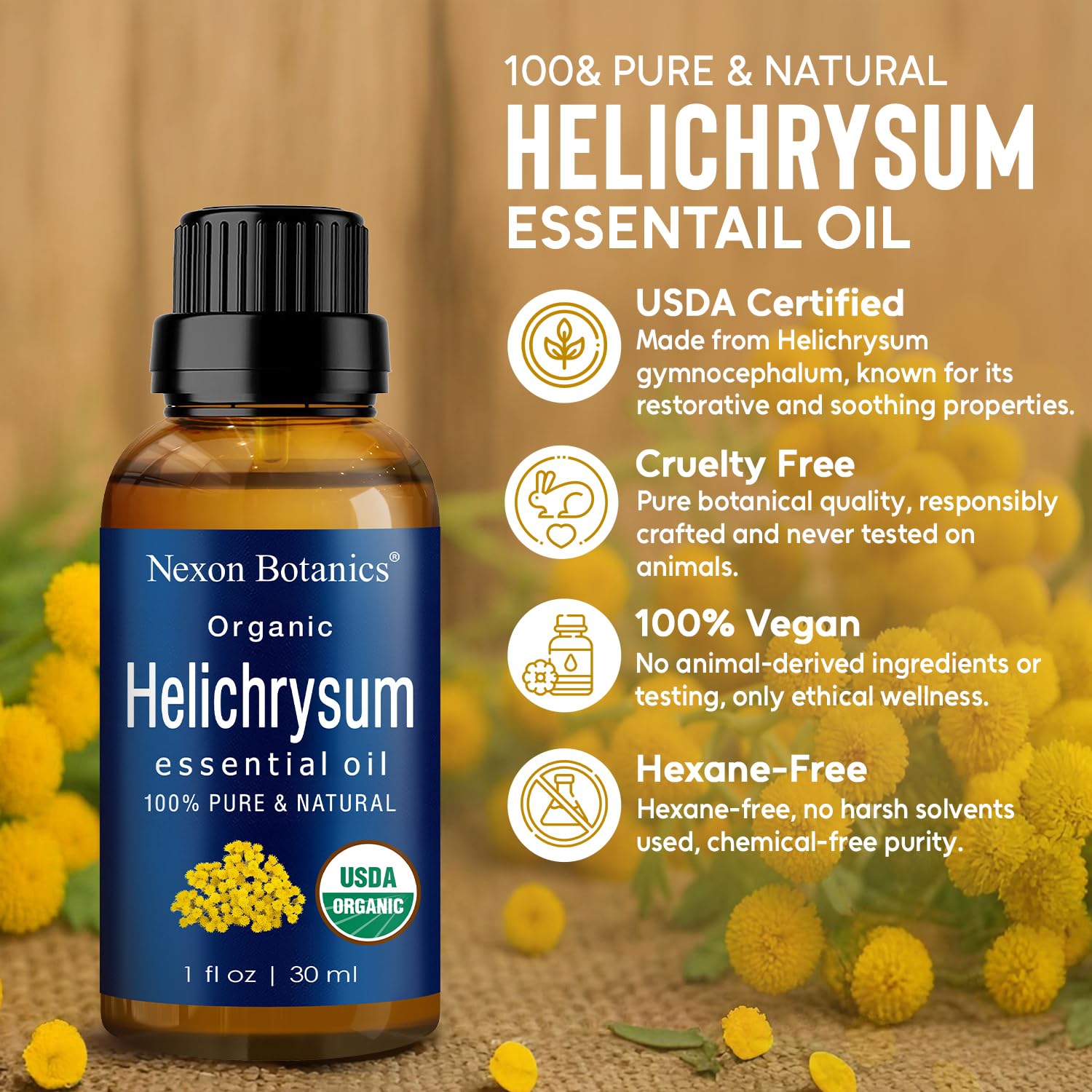 Nexon Botanics mezcla de Helichrysum con aceite portador lista para aplicación tópica